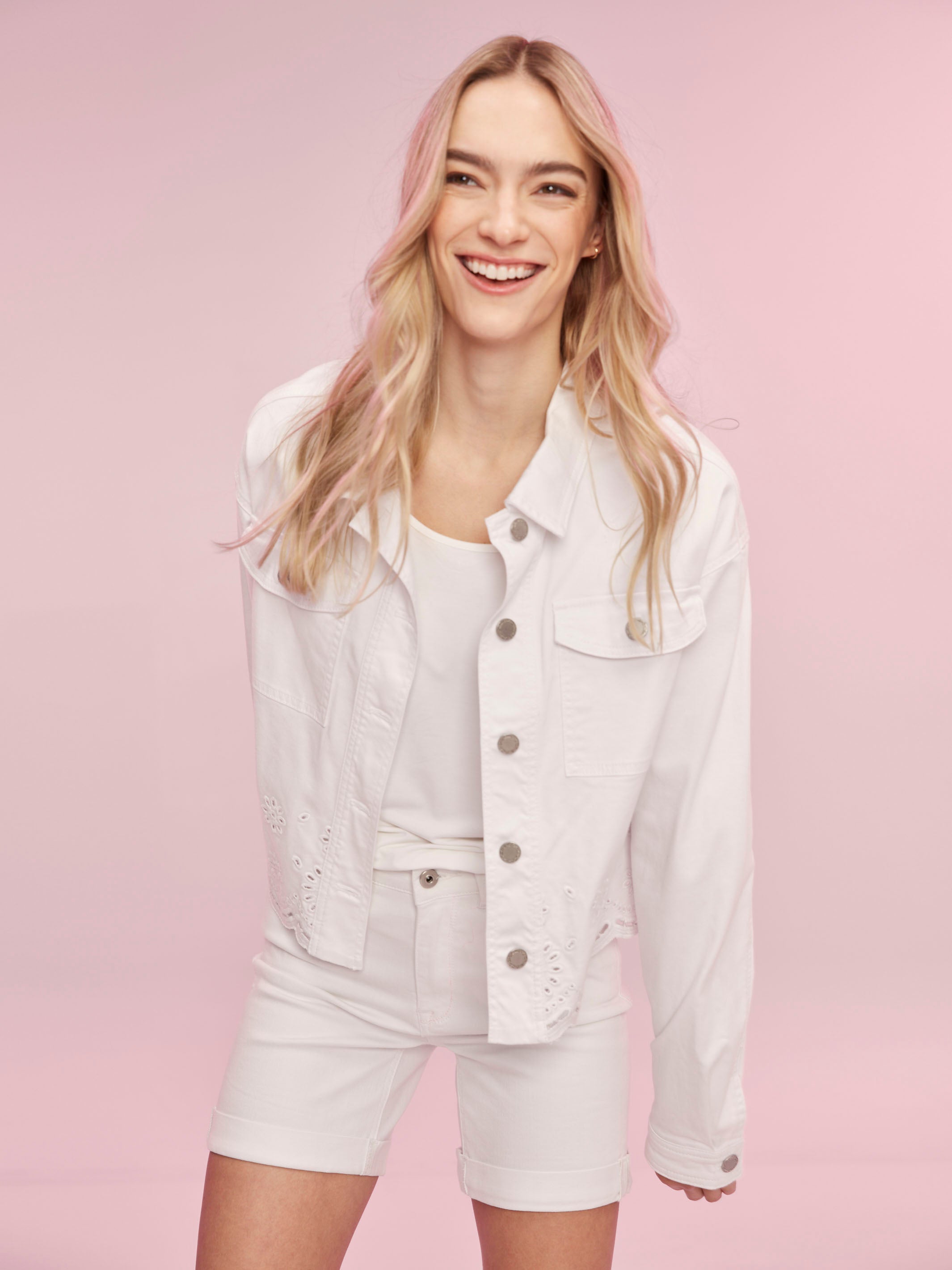 Twill fabric enhances the classic look of this white jacket by Charlie B.