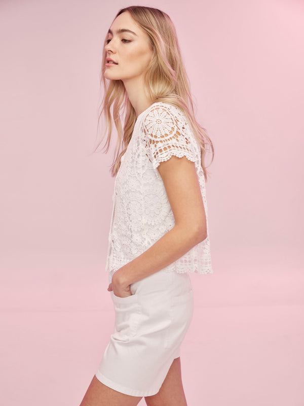 Cardigan boléro en crochet à manches courtes - Blanc