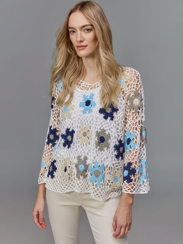 Haut en crochet floral fait à la main - Bleu
