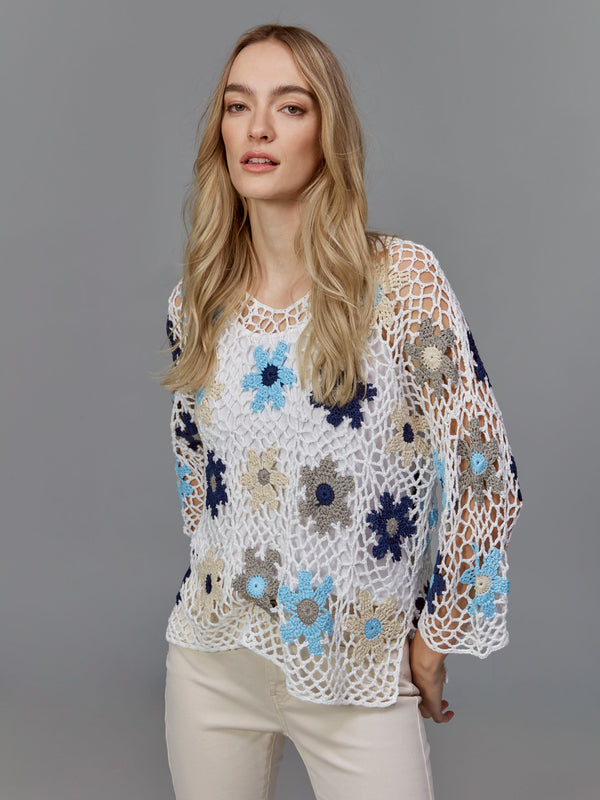 Haut en crochet floral fait à la main - Bleu