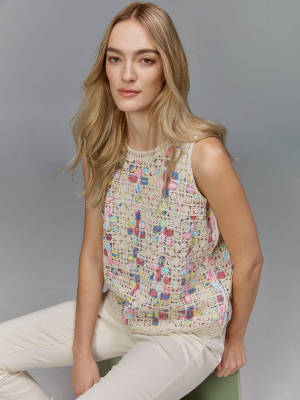 Haut sans manches en crochet à encolure ras du cou - Naturel