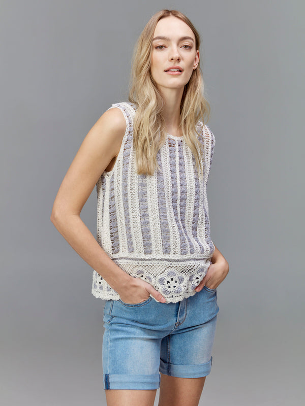 Elegant striped pattern on the crocheted sleeveless garment by Charlie B.