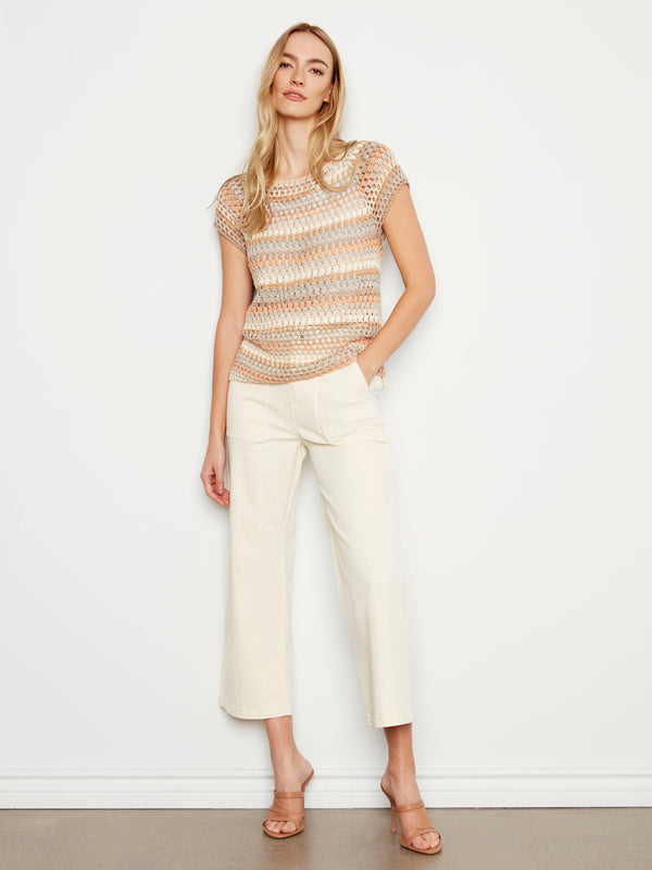 Fashionable round neck design in multicolor stripes on this top by Charlie B.