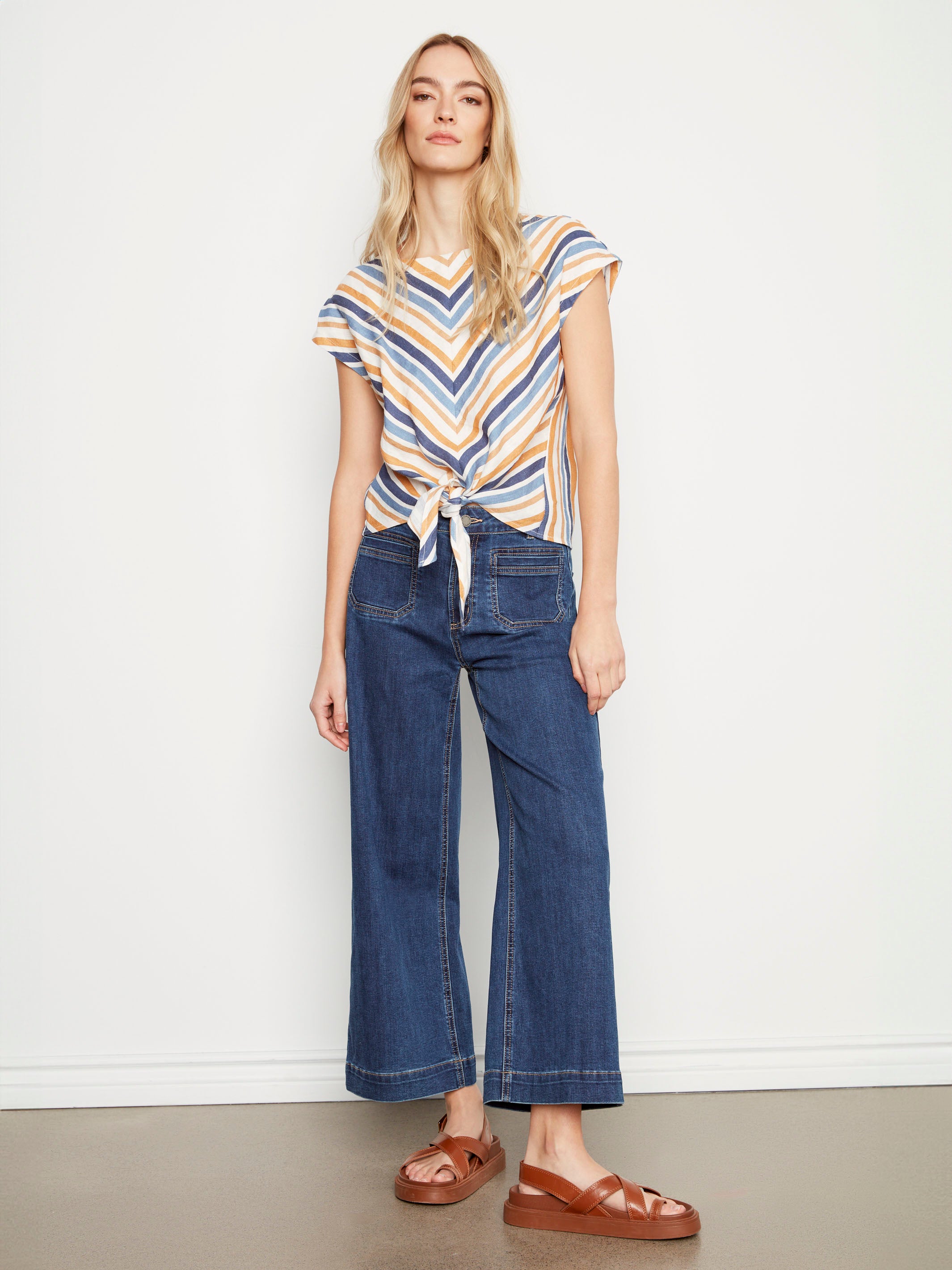Striped Linen Blend Tie-Front Blouse - Denim