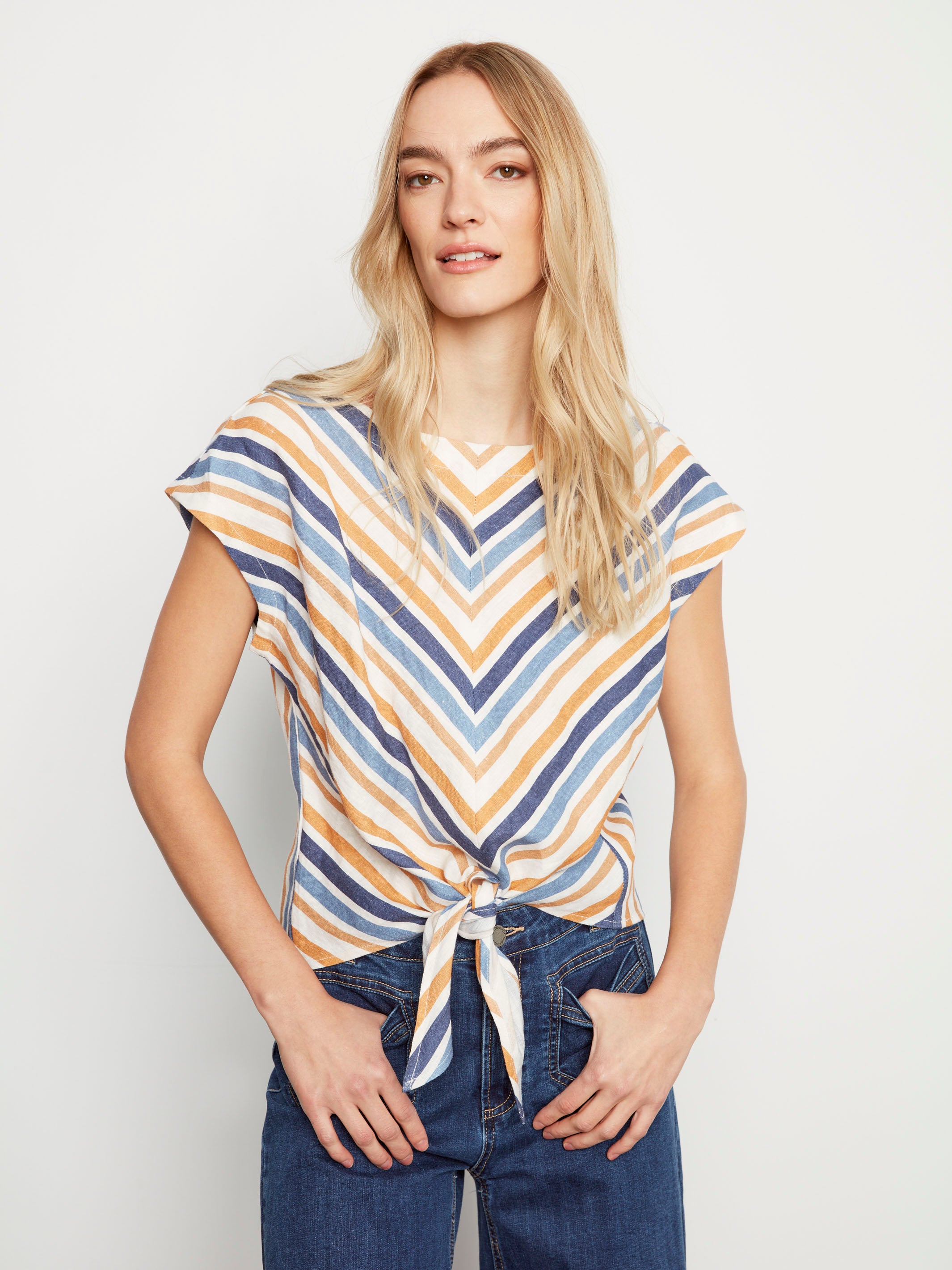 Striped Linen Blend Tie-Front Blouse - Denim
