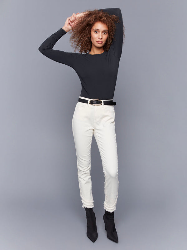 Frayed Hem Twill Pants - Natural