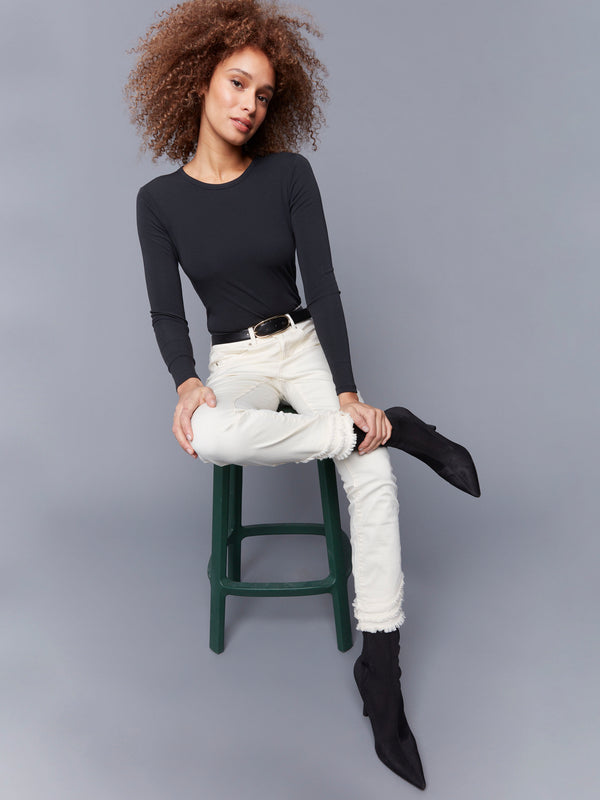 Frayed Hem Twill Pants - Natural