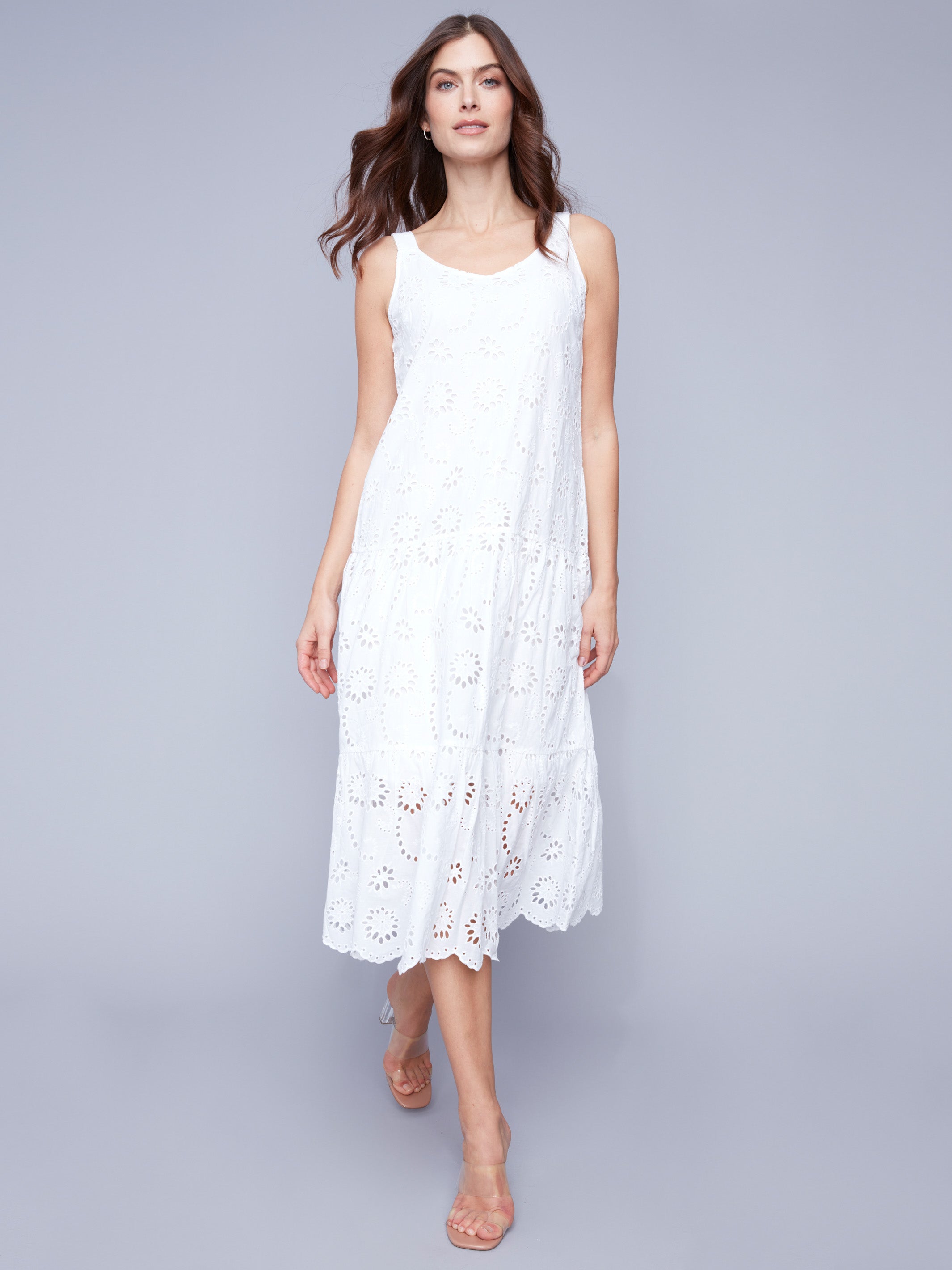 Long Sleeveless Cotton Eyelet Dress - White