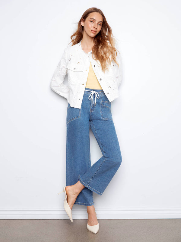 Drawstring Wide Leg Denim Pants - Vintage Blue