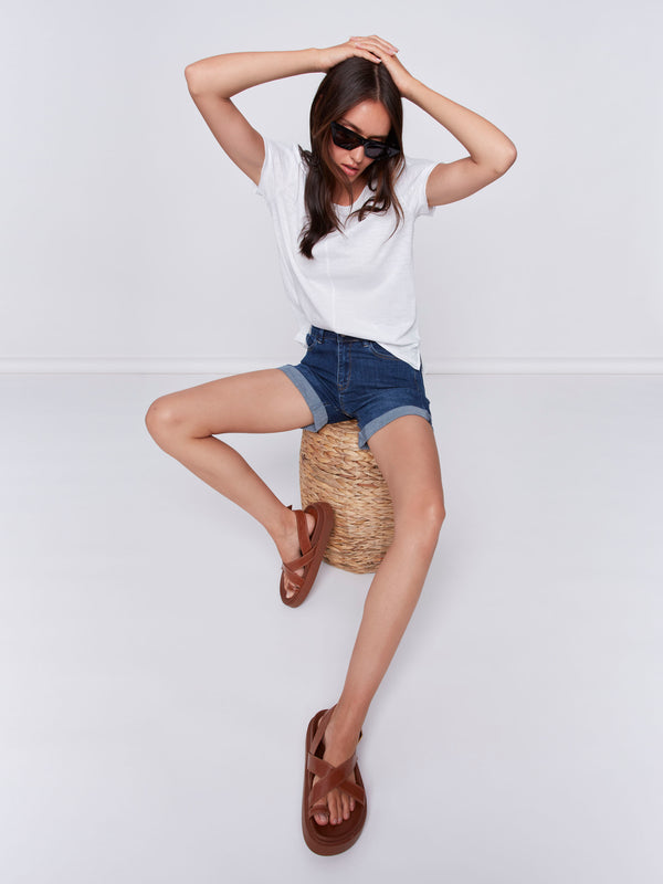 Shorts en denim à revers roulé - Indigo