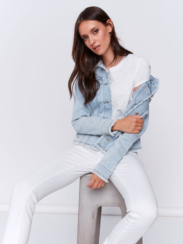 Frayed Edge Stretch Denim Jacket - Bleach Blue