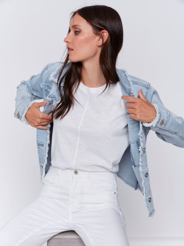 Veste en jean à bords effrangés - Bleu délavé