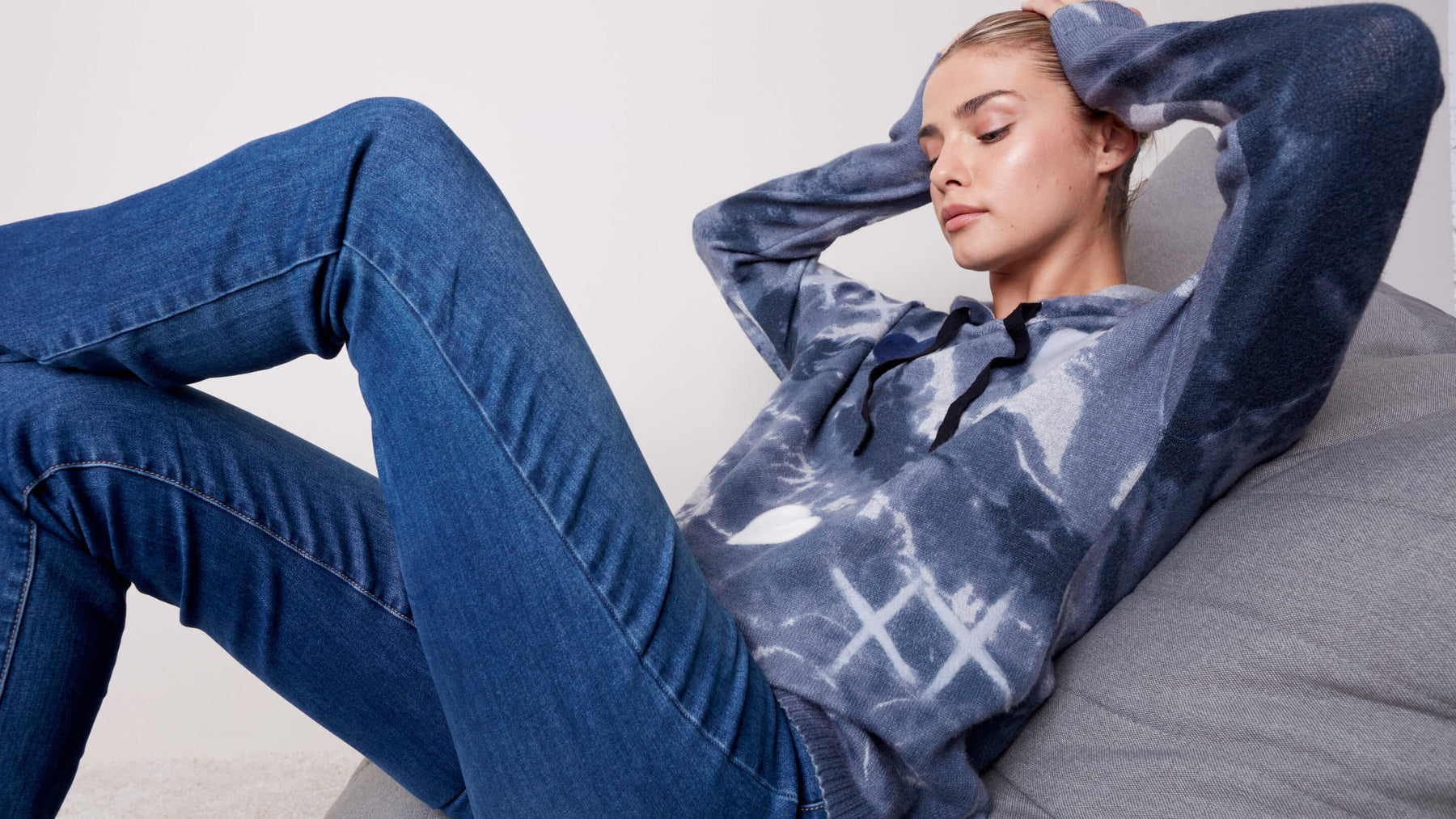 Hooded Sweater with Graffiti Print Denim - Women's Sweater Edit - Charlie B Collection Canada