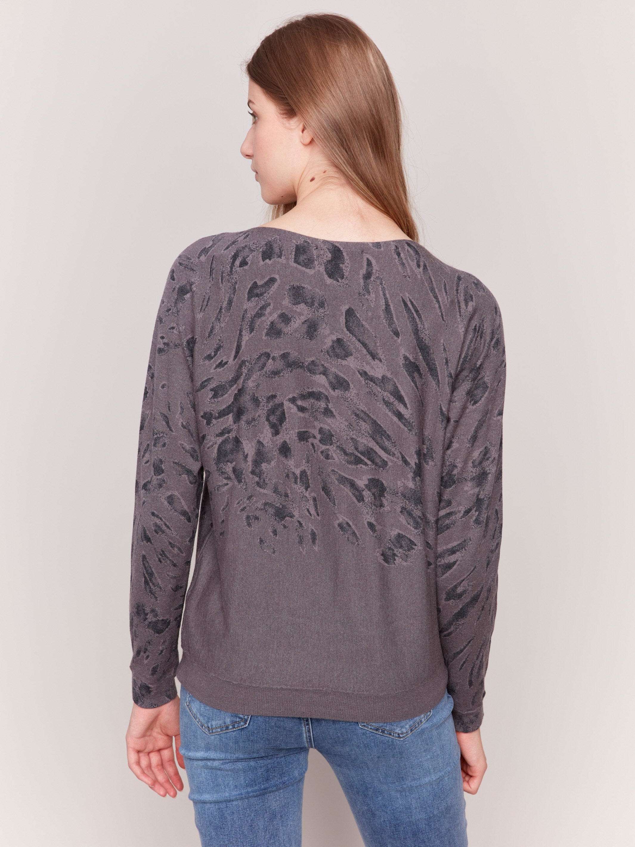 Women's Animal Print Batwing Sweater Charcoal Charlie B CA
