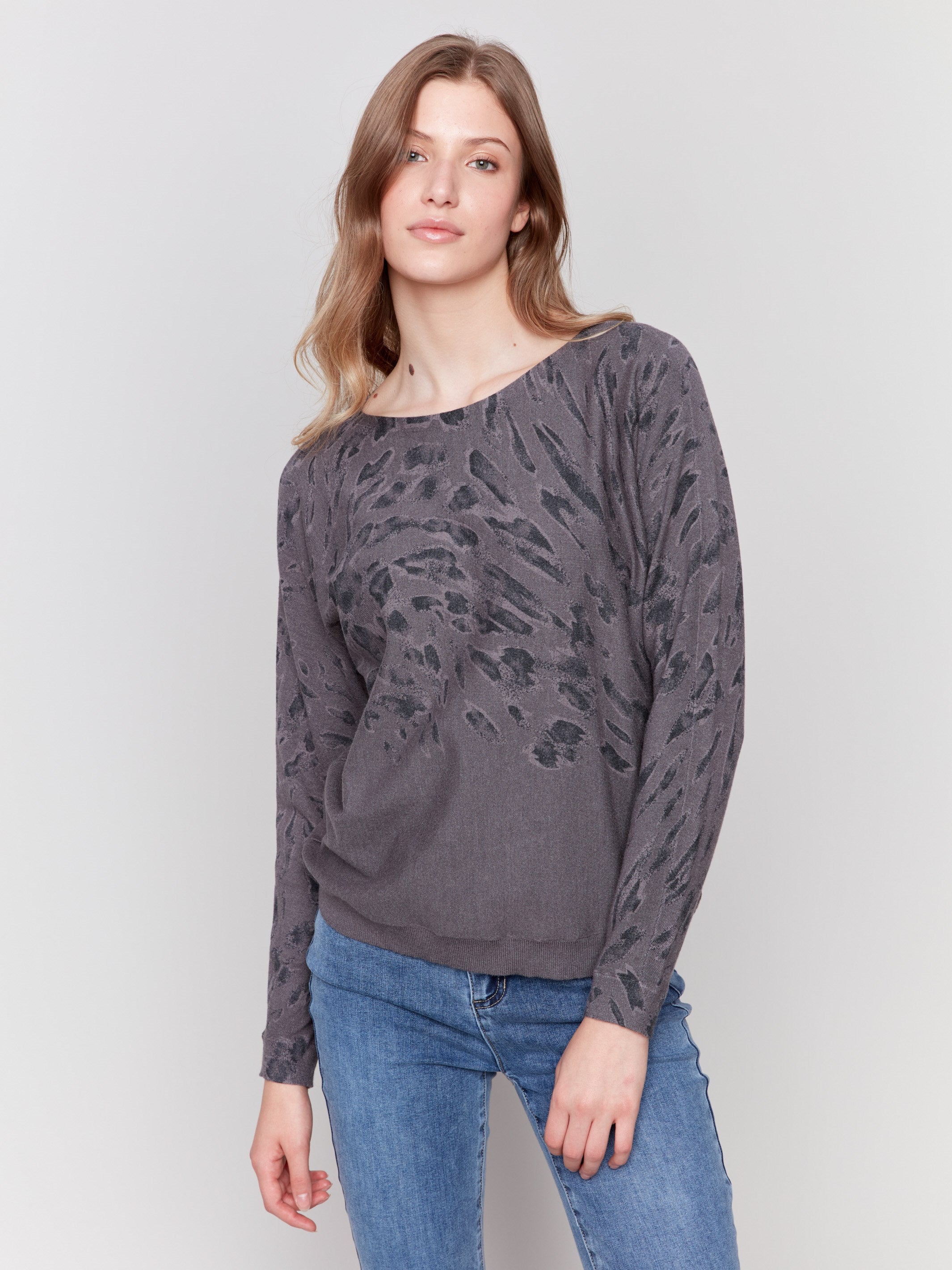 Women's Animal Print Batwing Sweater Charcoal Charlie B CA