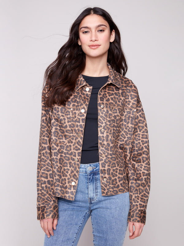 Leopard print jacket featuring a stylish shirt collar and sleek design for a chic look by Charlie B.