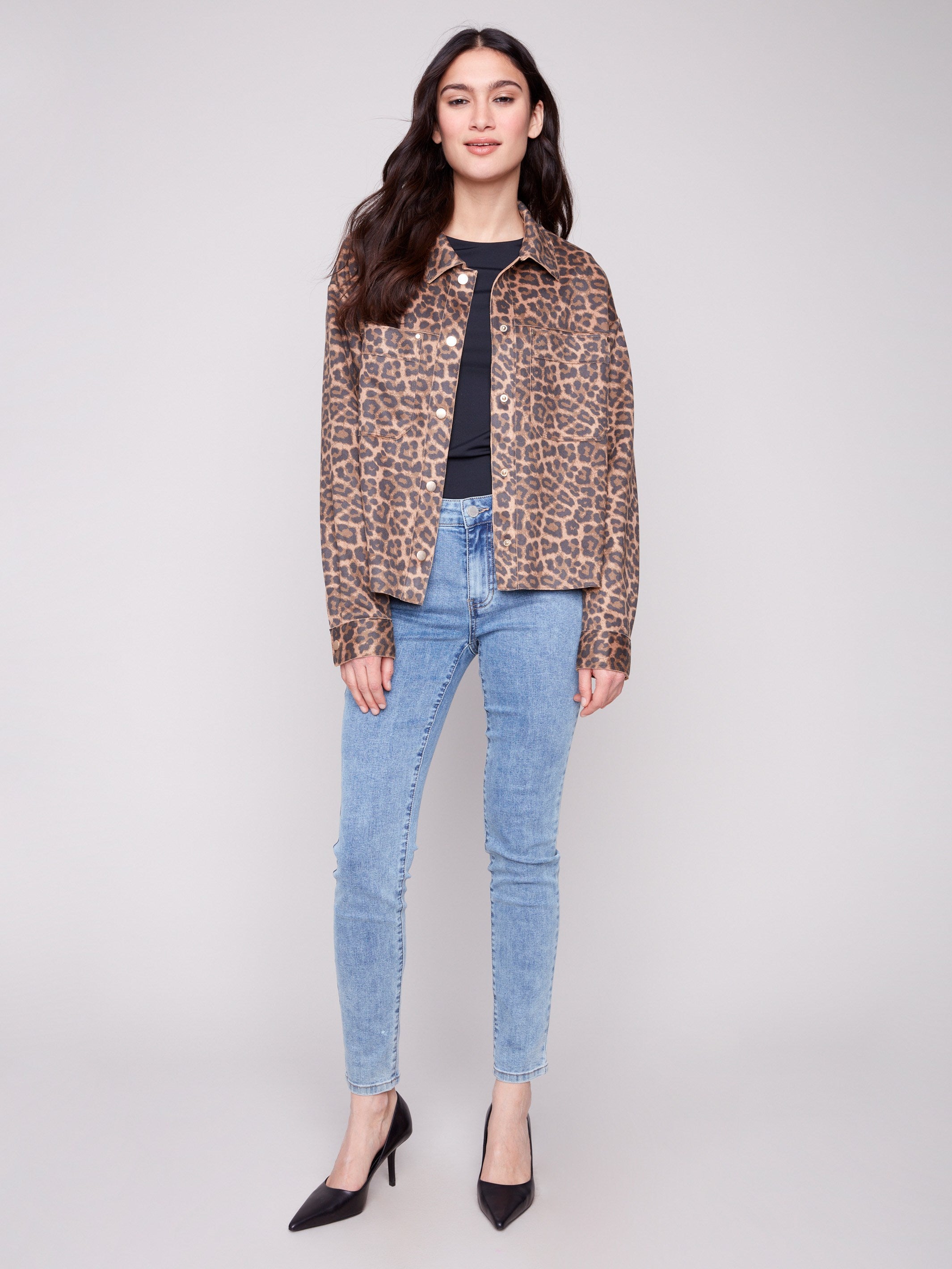 Chic leopard print jacket with snap button closure for an effortless style statement by Charlie B.