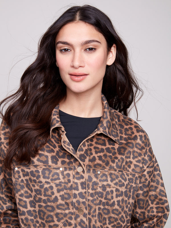 Leopard pattern short jacket showcasing functional patch pockets for added utility by Charlie B.