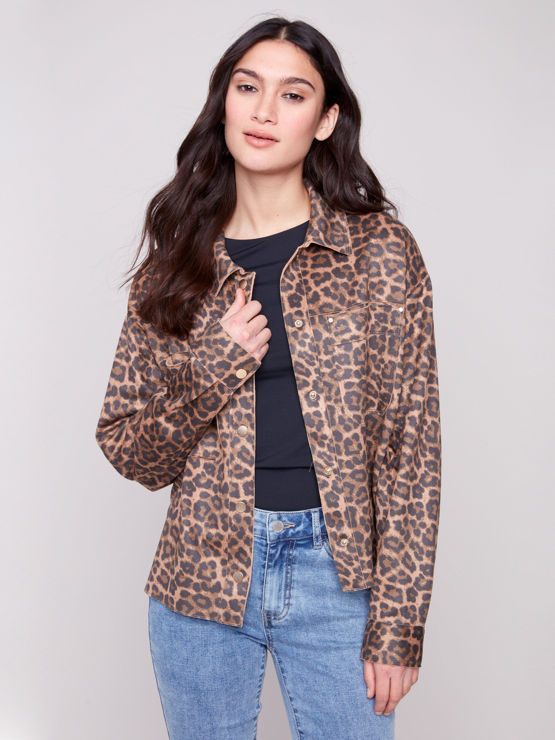 Trendy leopard print jacket in a flattering short length to enhance your wardrobe by Charlie B.