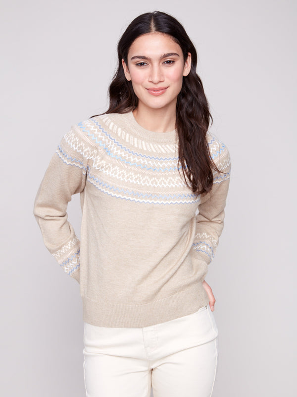 Heather oat jacquard sweater featuring a stylish crew neck and intricate embroidered pattern, perfect for cozy days by Charlie B.