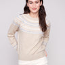 Heather oat jacquard sweater featuring a stylish crew neck and intricate embroidered pattern, perfect for cozy days by Charlie B.