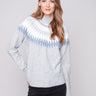 Heather light grey sweater showcasing a mock neck and geometric jacquard pattern, highlighting its relaxed fit by Charlie B.
