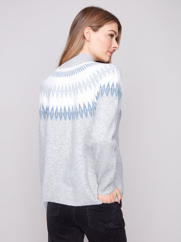 Heather light grey sweater adorned with geometric patterns, emphasizing the mock neck style by Charlie B.