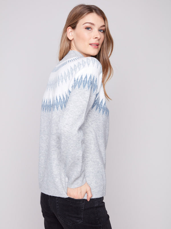 Sweater in heather light grey with distinctive geometric patterns and comfortable raglan sleeves by Charlie B.