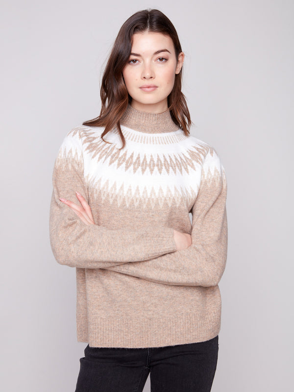 Beige sweater with geometric jacquard pattern and a stylish mock neck, designed for a relaxed fit by Charlie B.