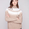 Beige sweater with geometric jacquard pattern and a stylish mock neck, designed for a relaxed fit by Charlie B.