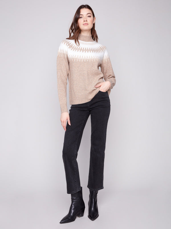 Elegant heather beige sweater featuring long raglan sleeves and a cozy mock neck by Charlie B.