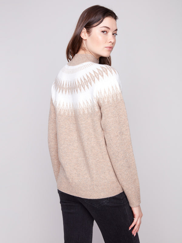 Relaxed fit sweater in heather beige with a sophisticated geometric design and mock neck by Charlie B.
