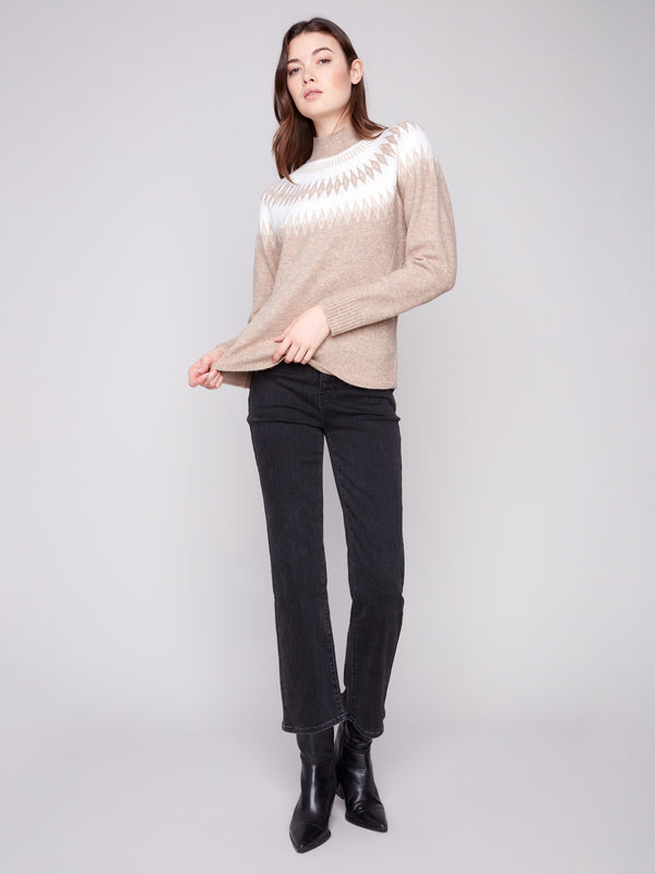Heather beige sweater featuring long raglan sleeves and striking geometric jacquard design for comfort by Charlie B.