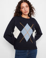 Sweater with crew neckline and argyle pattern, featuring unique drop shoulders for a relaxed fit. Crafted in soft fabric by Charlie B.