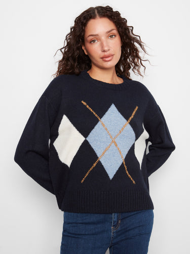 Sweater with crew neckline and argyle pattern, featuring unique drop shoulders for a relaxed fit. Crafted in soft fabric by Charlie B.