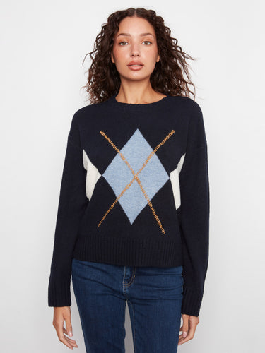 Argyle-patterned sweater with drop shoulders for a laid-back look, perfect for casual outings. Made from cozy material by Charlie B.