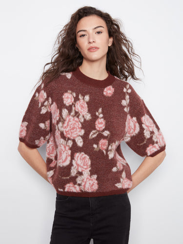 Floral jacquard sweater in soft brushed knit with balloon elbow sleeves, offering a cozy feel by Charlie B.