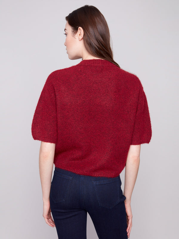 Balloon sleeve sweater in cabernet hue with a soft, luxurious knit and relaxed fit design by Charlie B.