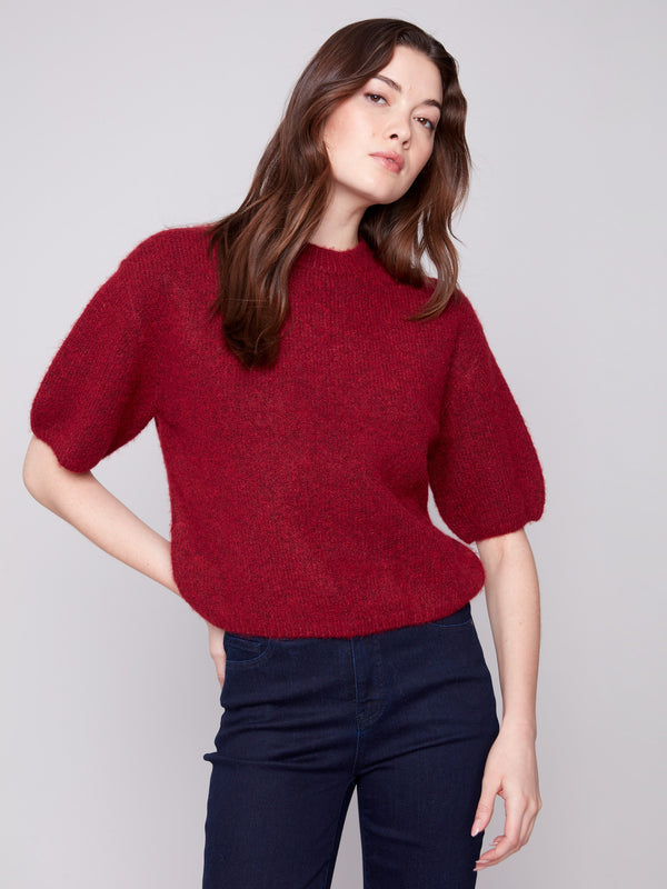Elegant cabernet sweater with plush balloon sleeves and a comfortable crew neckline by Charlie B.