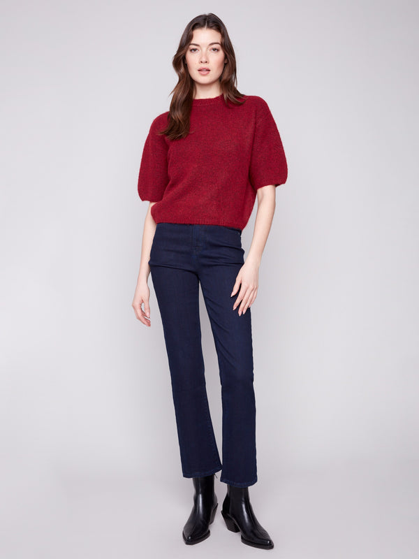 Cozy cabernet sweater showcasing balloon-style elbow sleeves and a chic crew neckline by Charlie B.