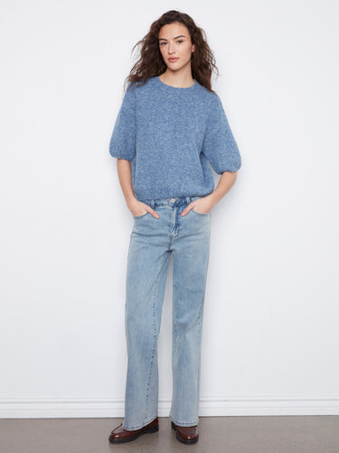 Chic blue knit sweater with soft fabric and stylish balloon sleeves by Charlie B.