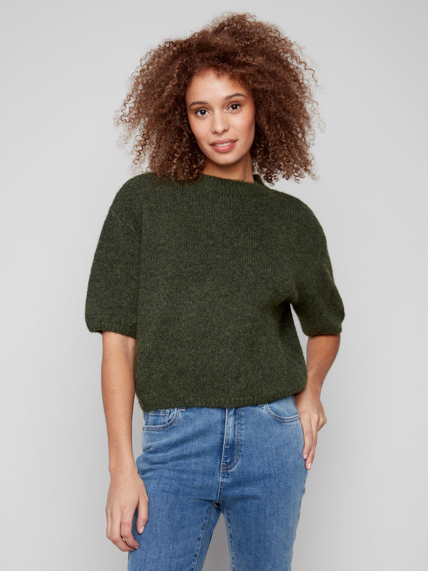Spruce knit sweater featuring plush texture and balloon-shaped elbow sleeves, offering a cozy style by Charlie B.