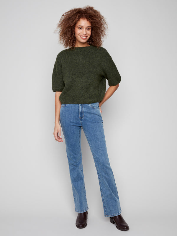 Relaxed fit spruce sweater with balloon sleeves and soft knit fabric, perfect for casual comfort by Charlie B.