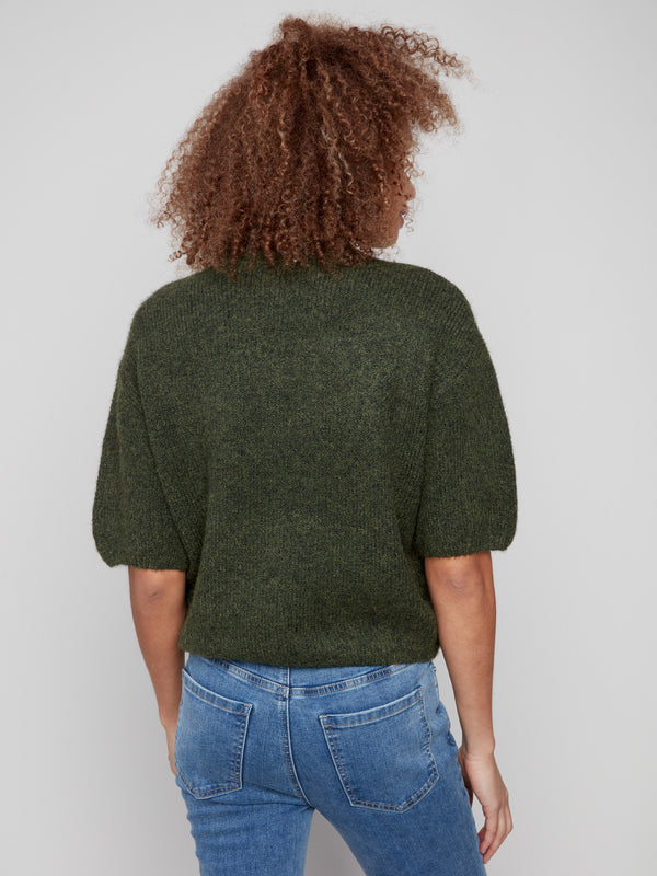 Balloon-shaped elbow sleeves add a unique touch to this relaxed fit spruce sweater by Charlie B.