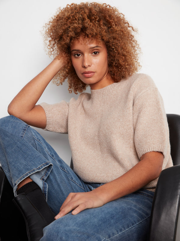 Balloon Elbow Sleeve Knit Sweater - Heather Latte