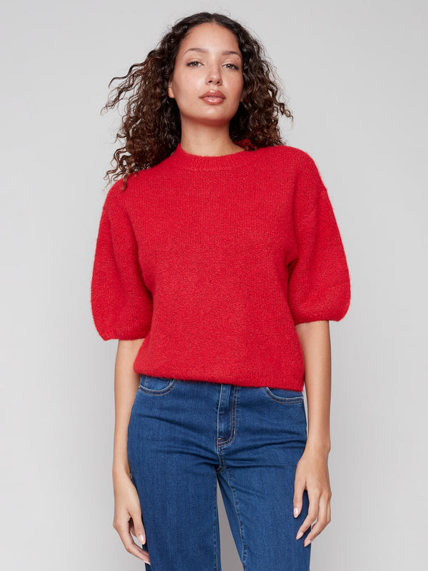 Crimson sweater featuring balloon-shaped elbow sleeves and a relaxed fit, perfect for casual wear by Charlie B.