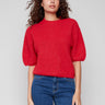 Crimson sweater featuring balloon-shaped elbow sleeves and a relaxed fit, perfect for casual wear by Charlie B.