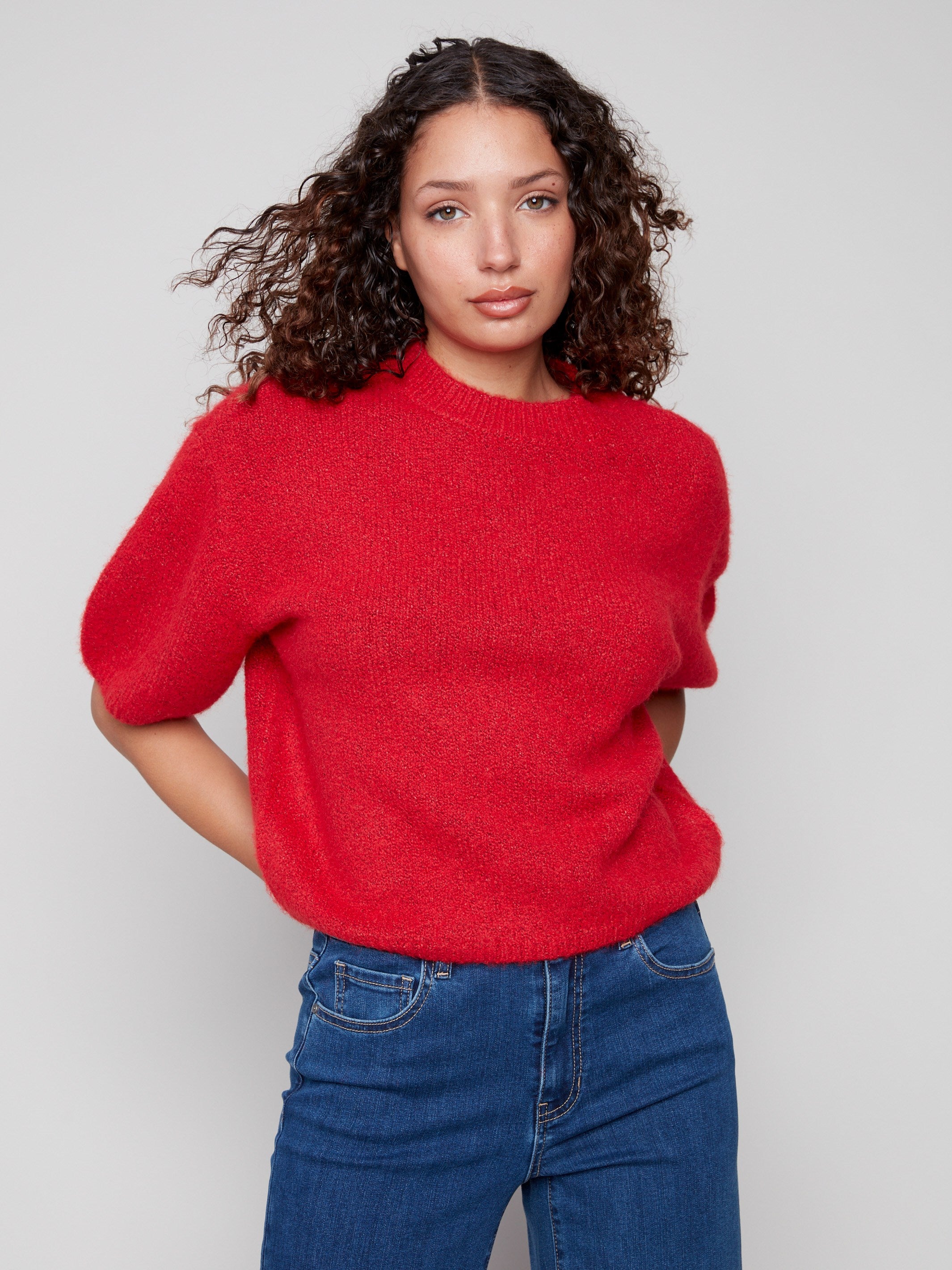 Soft knit sweater in crimson with a crew neckline, offering a plush texture and cozy feel by Charlie B.