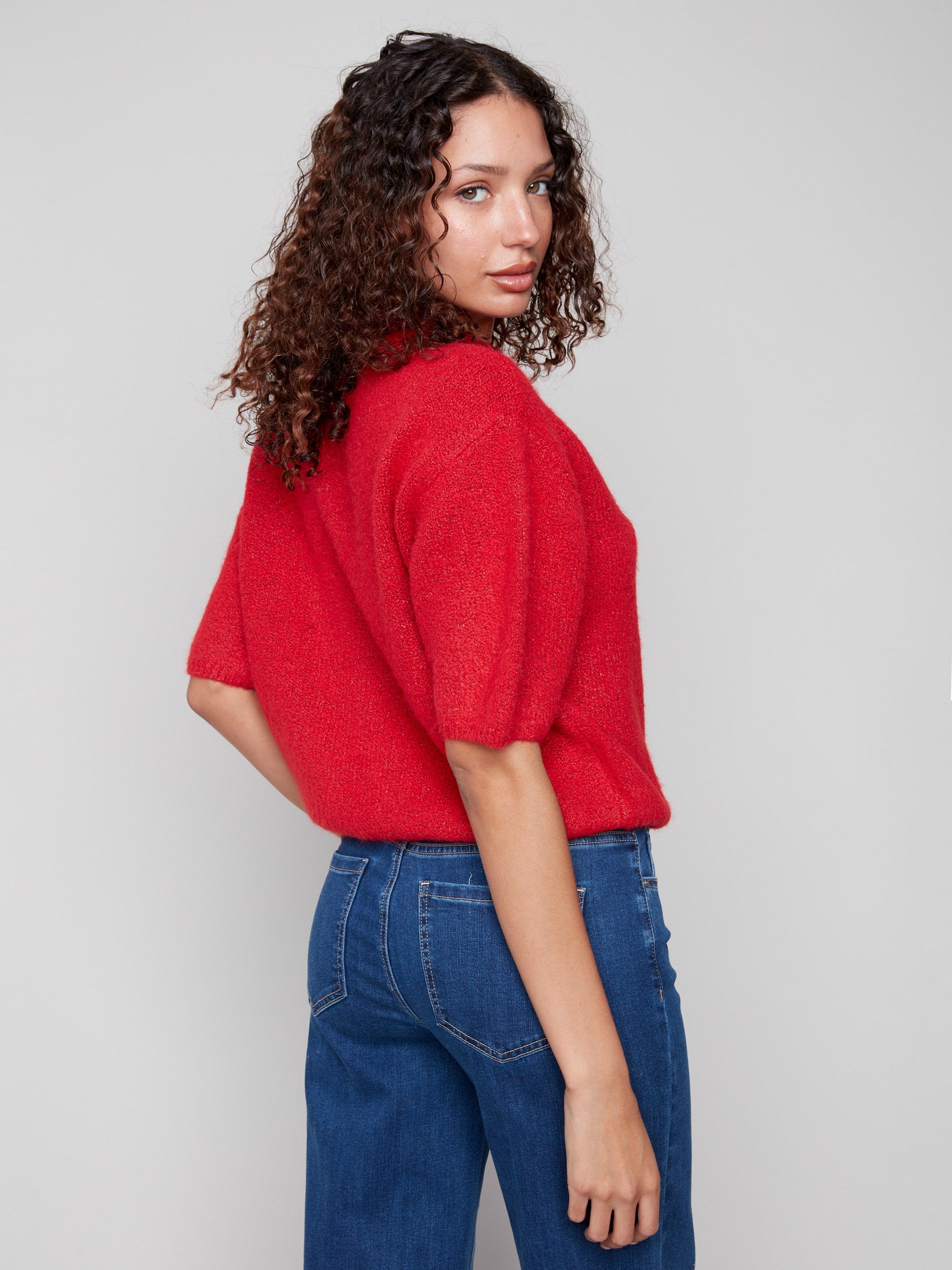 Chic crimson sweater showcasing plush knit fabric and fashionable balloon sleeves for trendsetting style by Charlie B.