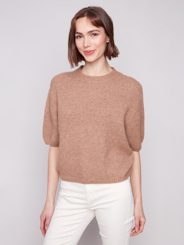 Sesame knit sweater featuring a plush texture and balloon-shaped elbow sleeves, perfect for cozy comfort by Charlie B.